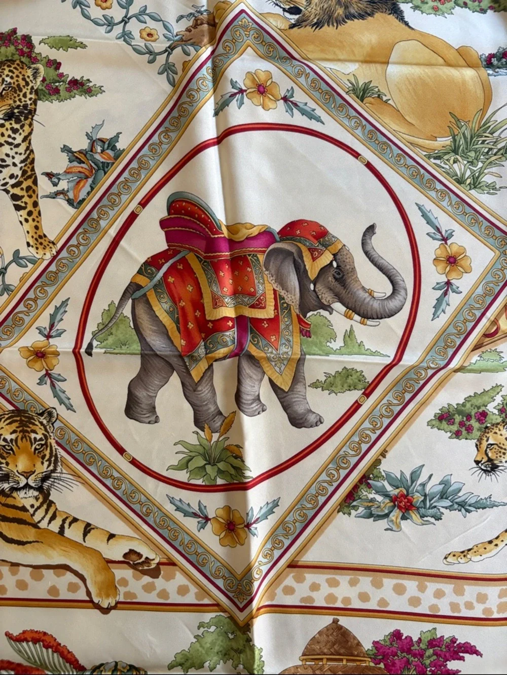 Vintage Salvatore Ferragamo Silk Elephant and Wild Cats Scarf, Navy Blue & Gold